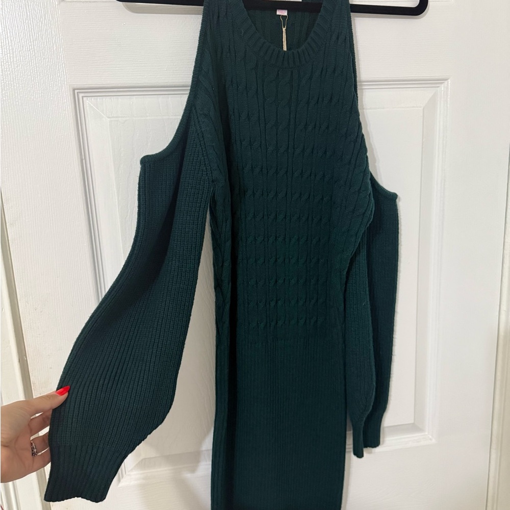 Green Knit Cold Shoulder Sweater Dress
